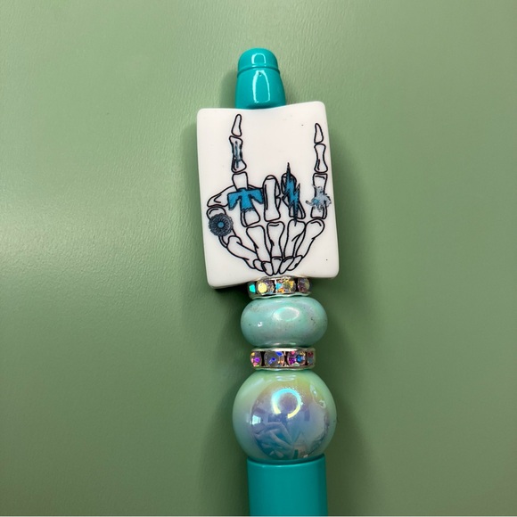 Skeleton Hand Wearing Turquoise Rings Handmade Beaded Pen - Picture 3 of 6